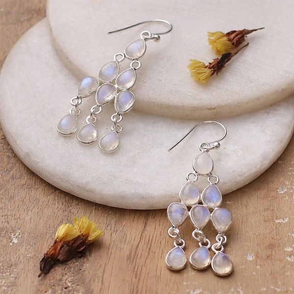 Alternate image for Rainbow Moonstone Silver Chandelier Earrings from India Iridescent Cascade