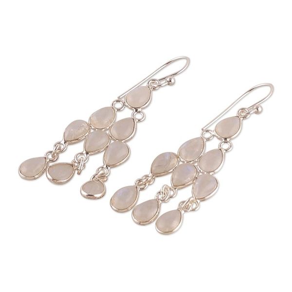 Alternate image for Rainbow Moonstone Silver Chandelier Earrings from India Iridescent Cascade