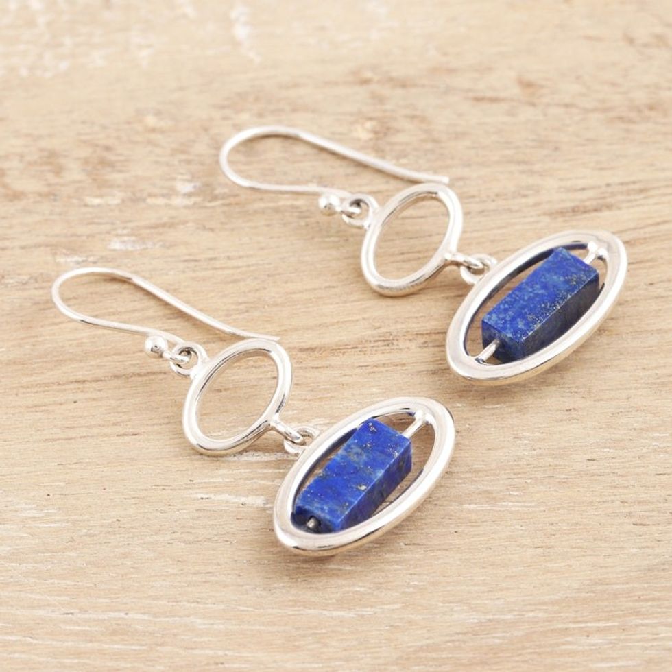 Hand Made Lapis Lazuli Dangle Earrings 'Ocean Mirror in Blue'