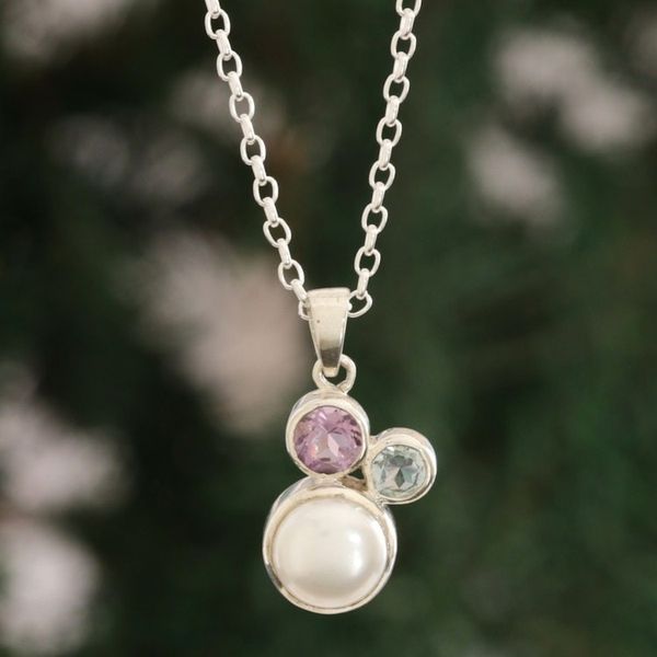 Alternate image for Pearl Amethyst Blue Topaz Sterling Silver Pendant Necklace Triple Splendor