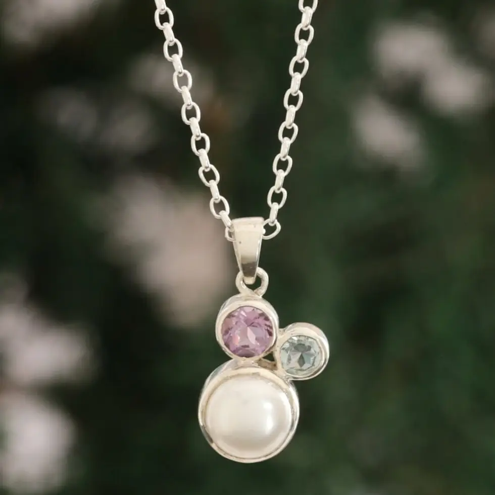 Pearl Amethyst Blue Topaz Sterling Silver Pendant Necklace 'Triple Splendor'