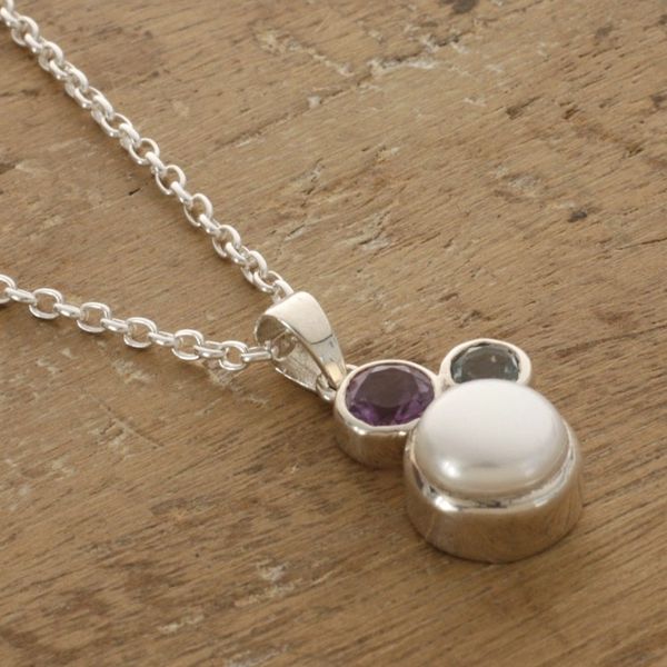 Alternate image for Pearl Amethyst Blue Topaz Sterling Silver Pendant Necklace Triple Splendor