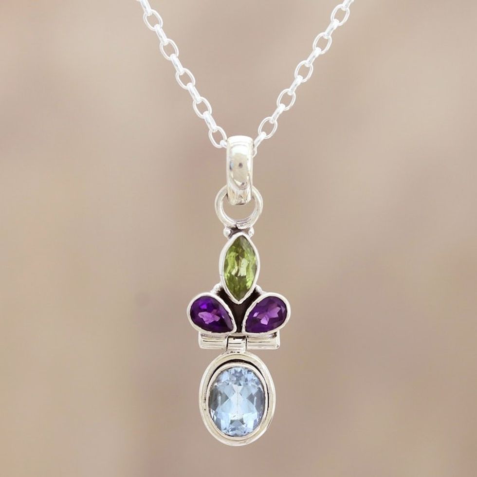 Pendant Necklace with Peridot, Blue Topaz and Amethyst 'Petal Party'