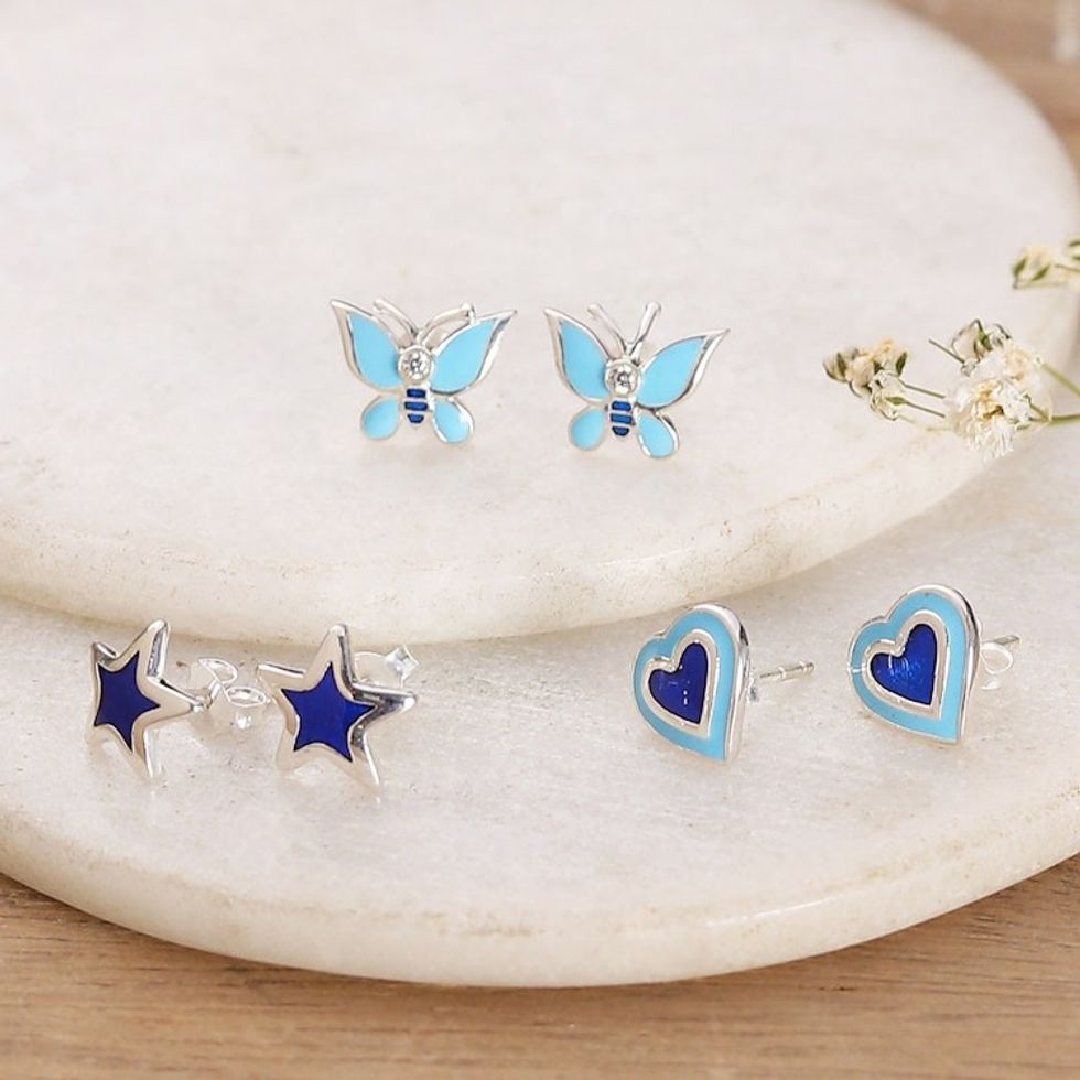 Set of 3 Polished Sterling Silver Stud Earrings in Blue Hues 'Celestial Connections'