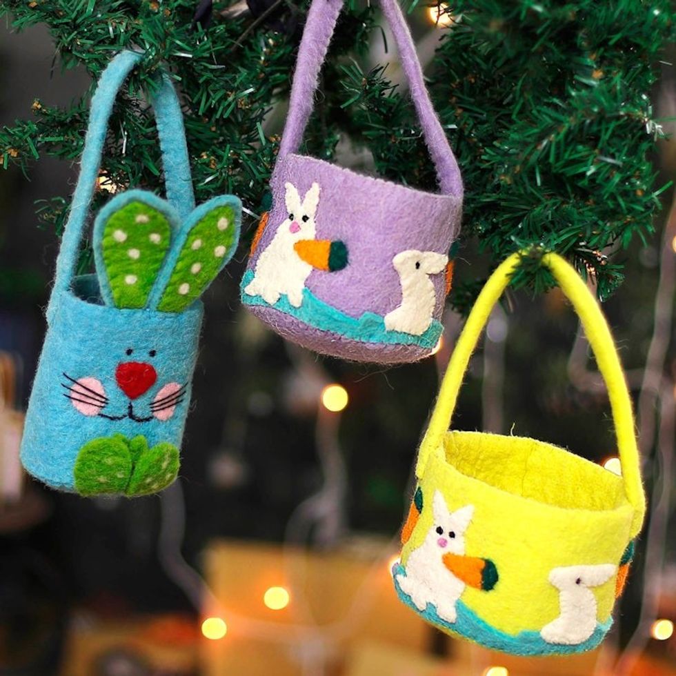 Handcrafted Easter-Themed Wool Felt Baskets Set of 3 'Adorable Treasures'