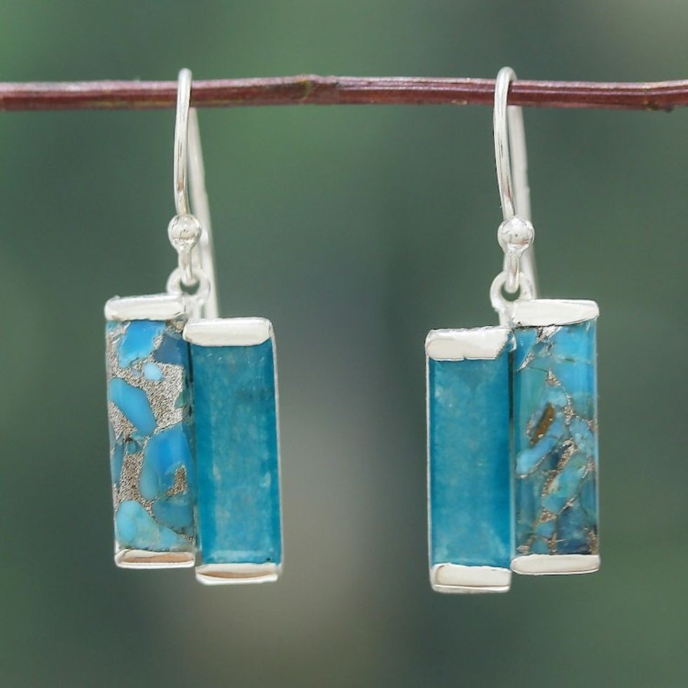 One-Carat Composite Turquoise and Quartz Dangle Earrings 'Oceanic Dimensions'