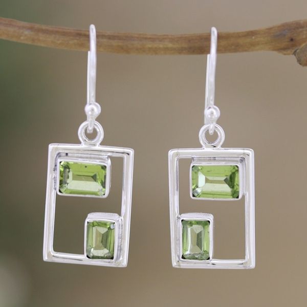 Alternate image for Rectangular Faceted Peridot Dangle Earrings from India Fortune Order