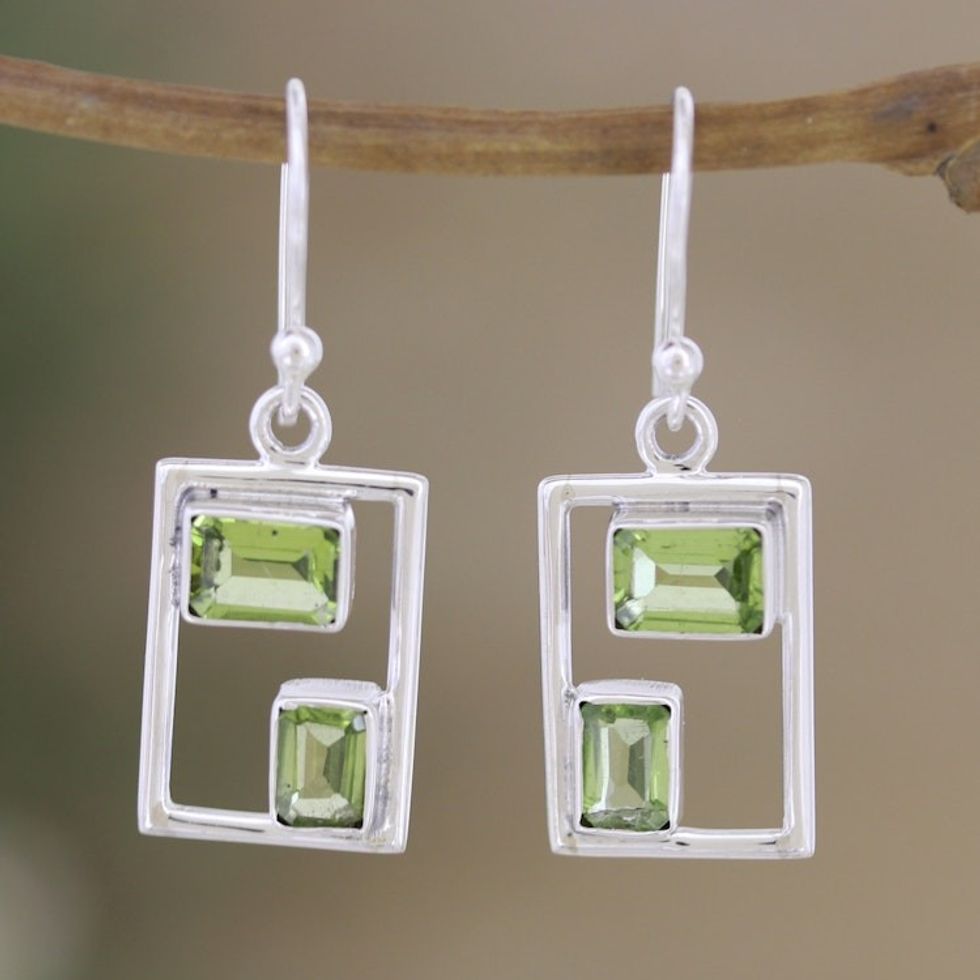 Rectangular Faceted Peridot Dangle Earrings from India 'Fortune Order'