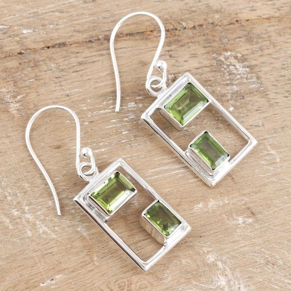 Alternate image for Rectangular Faceted Peridot Dangle Earrings from India Fortune Order