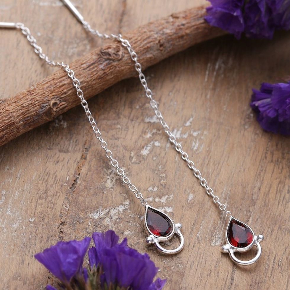 Sterling Silver Threader Earrings with 1-Carat Garnet Gems 'Romantic Charm'