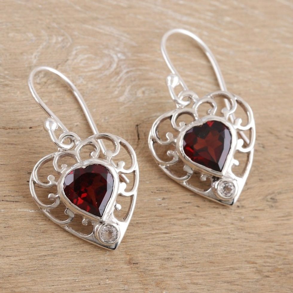 Romantic Sterling Silver Garnet and Topaz Dangle Earrings 'Strong Ties'