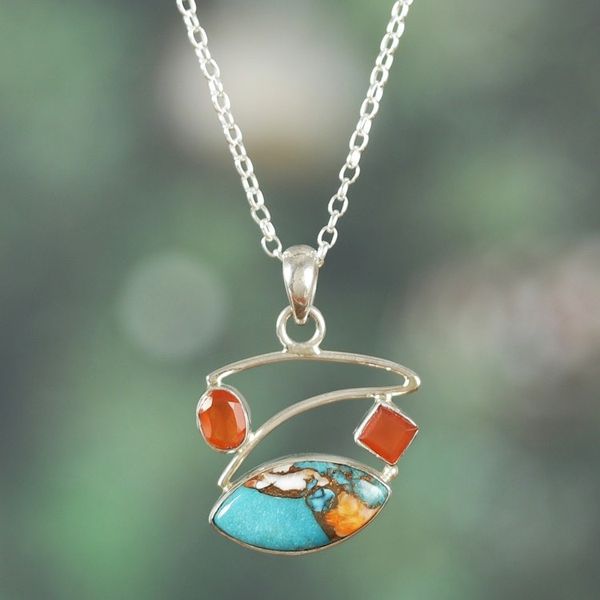 Alternate image for Polished Carnelian and Recon Turquoise Pendant Necklace Sunset Sky