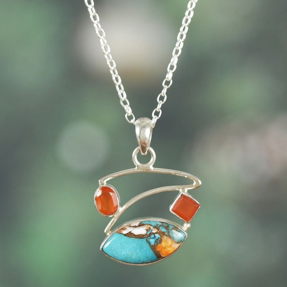 Polished Carnelian and Recon Turquoise Pendant Necklace 'Sunset Sky'