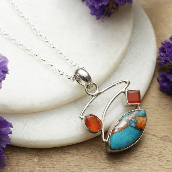 Alternate image for Polished Carnelian and Recon Turquoise Pendant Necklace Sunset Sky