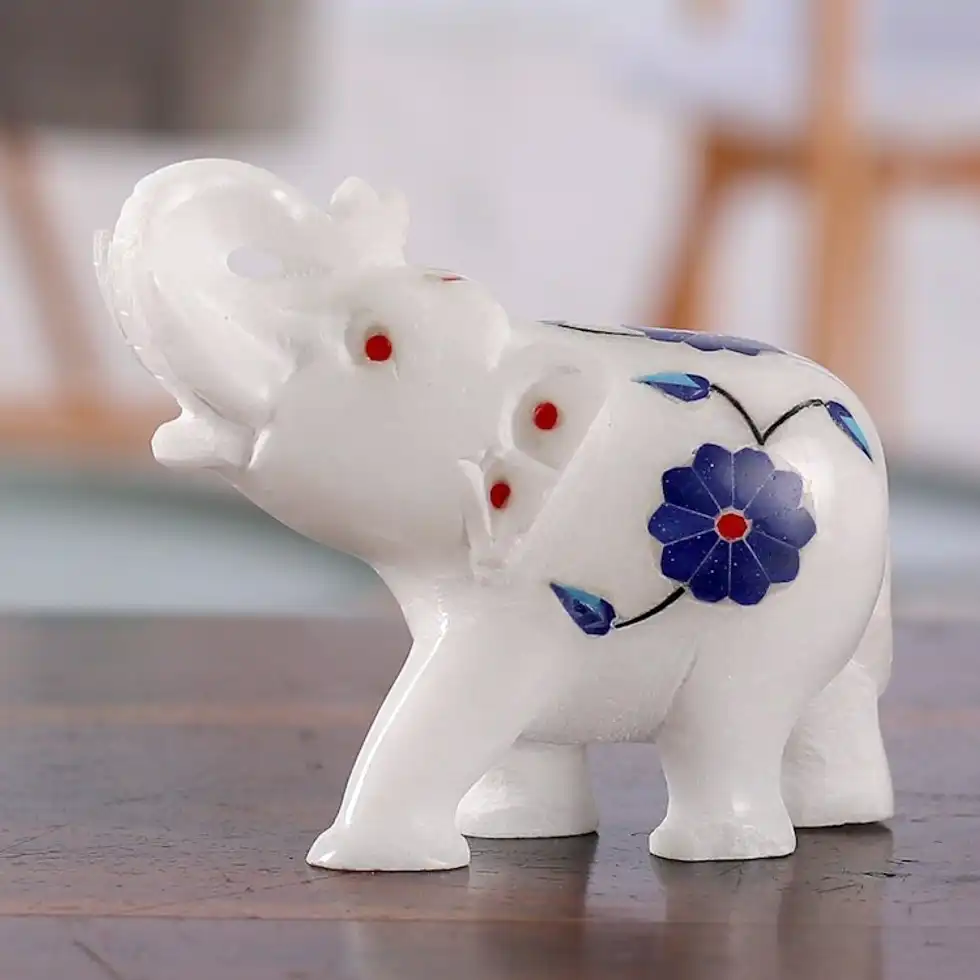 Blue Spring-Themed Hand-Carved Alabaster Elephant Figurine 'Primaveral Regality'