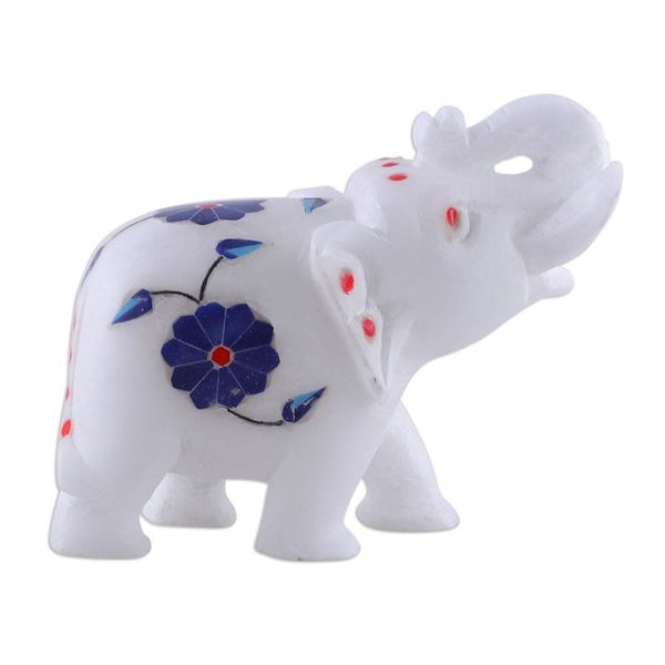 Alternate image for Blue Spring-Themed Hand-Carved Alabaster Elephant Figurine Primaveral Regality