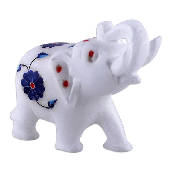 Alternate image for Blue Spring-Themed Hand-Carved Alabaster Elephant Figurine Primaveral Regality