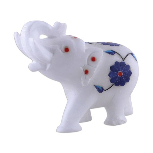 Alternate image for Blue Spring-Themed Hand-Carved Alabaster Elephant Figurine Primaveral Regality