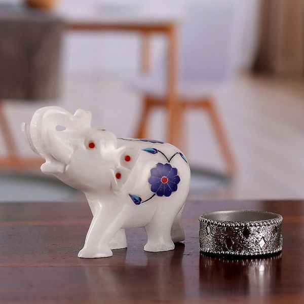 Alternate image for Blue Spring-Themed Hand-Carved Alabaster Elephant Figurine Primaveral Regality