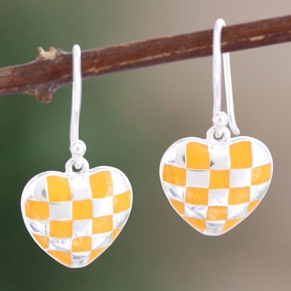 Checkered Sterling Silver Dangle Earrings 'Checkered Heart in Yellow'