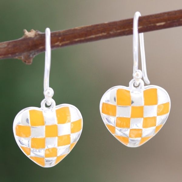 Alternate image for Checkered Sterling Silver Dangle Earrings Checkered Heart in Yellow