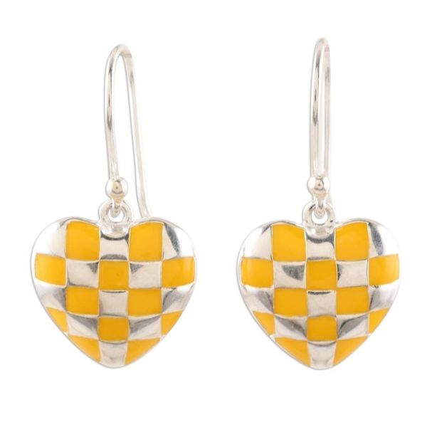 Alternate image for Checkered Sterling Silver Dangle Earrings Checkered Heart in Yellow