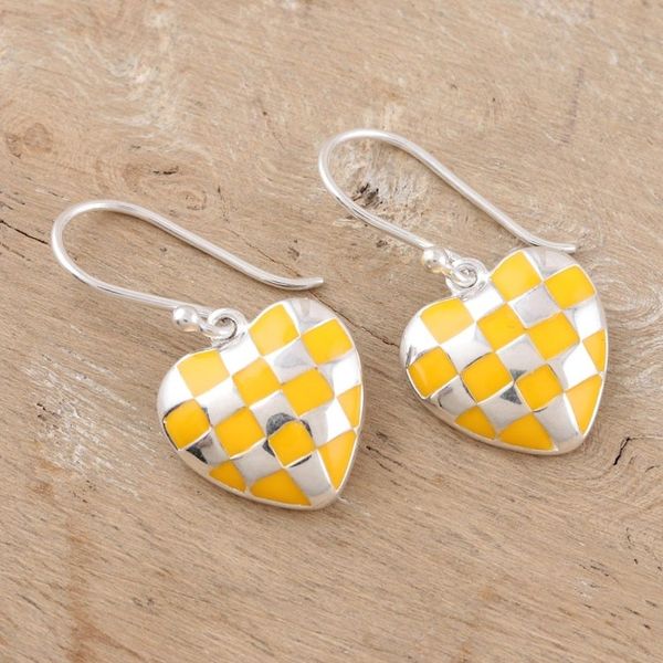 Alternate image for Checkered Sterling Silver Dangle Earrings Checkered Heart in Yellow