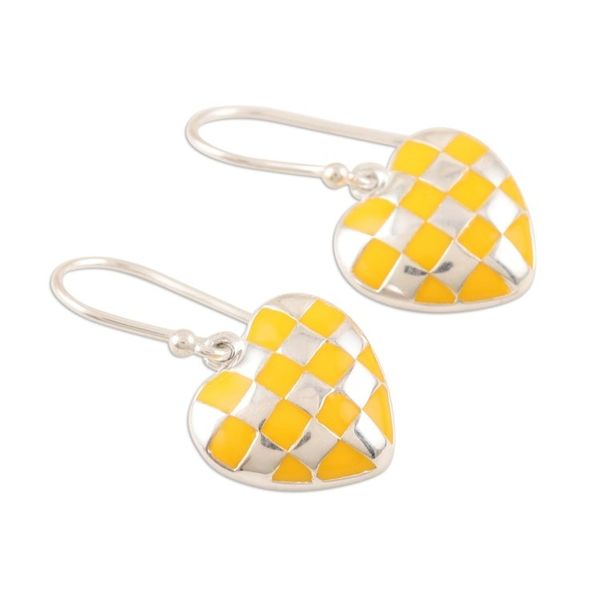 Alternate image for Checkered Sterling Silver Dangle Earrings Checkered Heart in Yellow