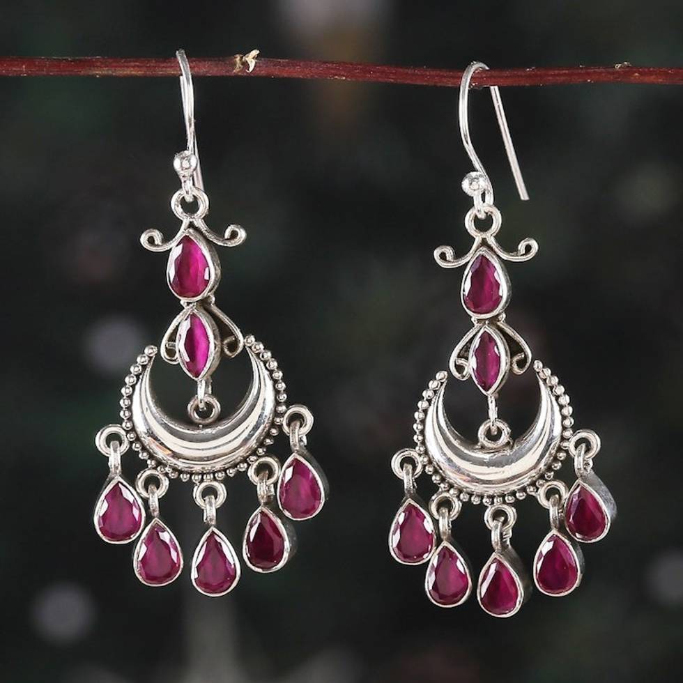Faceted Ruby Stone and Sterling Silver Chandelier Earrings 'Sweet Glimmering'