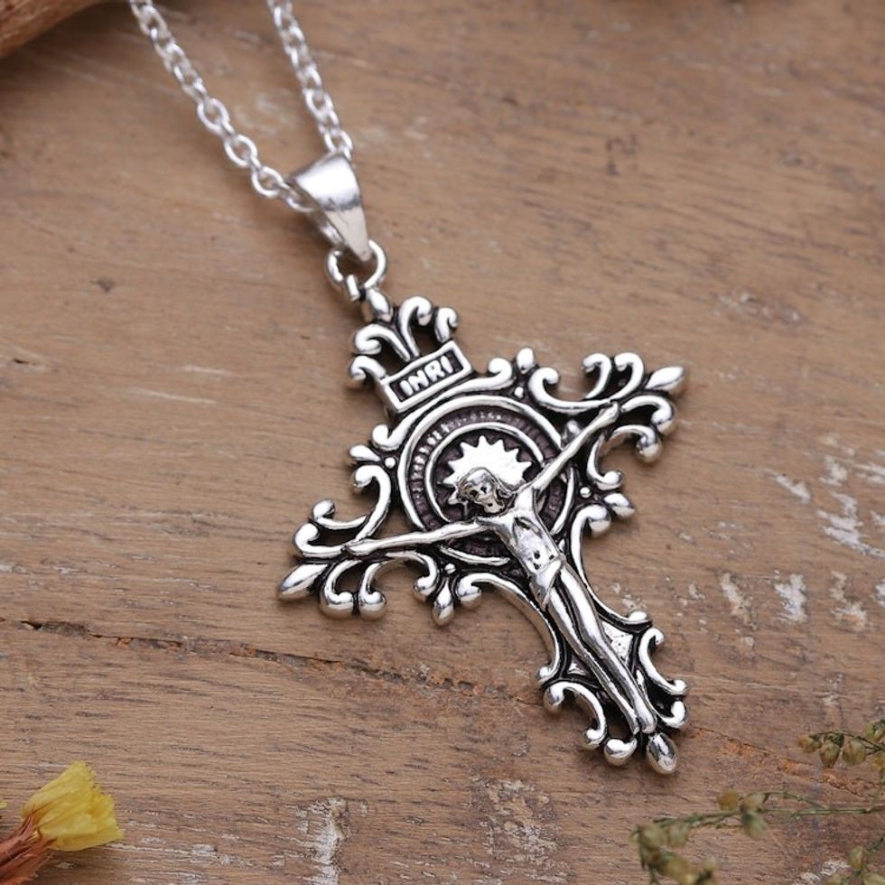 Polished Crucifixion Sterling Silver Pendant Necklace 'Crucifixion of the Sacred'