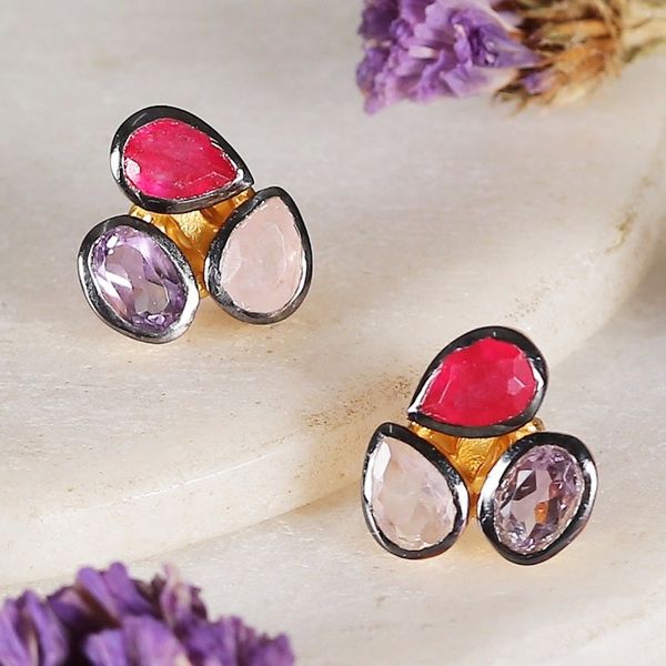 Alternate image for 18k Gold-Accented 4-Carat Multi-Gemstone Button Earrings Pretty Trio