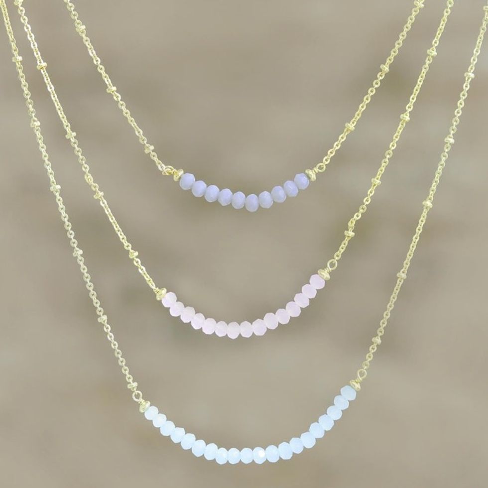 Gold-Plated Chalcedony and Rose Quartz Pendant Necklace 'Color Vibration'