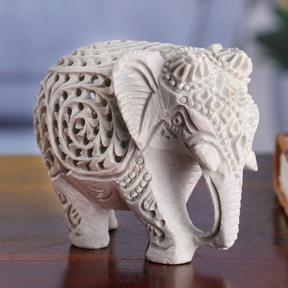Traditional Jali-Themed Soapstone Royal Elephant Sculpture 'Legacy of Elegance'