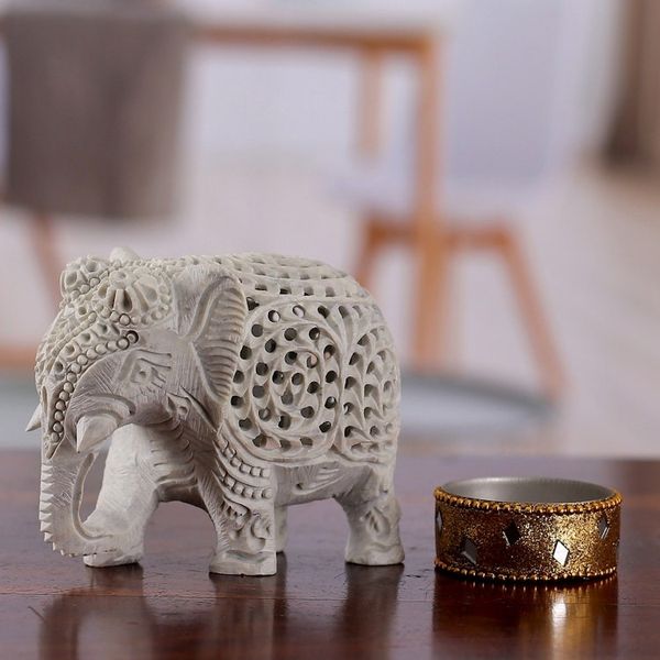 Alternate image for Traditional Jali-Themed Soapstone Royal Elephant Sculpture Legacy of Elegance