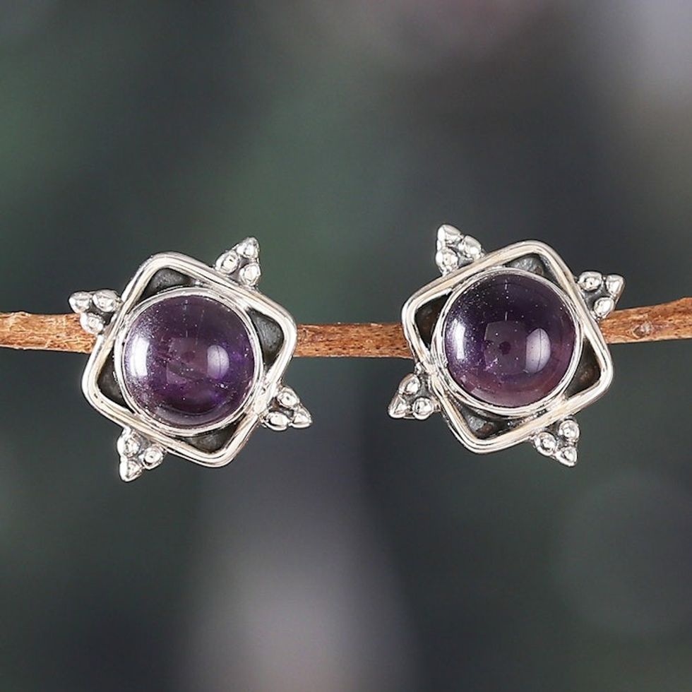 Artisan-Made Amethyst Cabochon Button Earrings from India 'Sapience Marchioness'