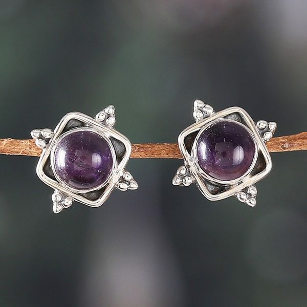 Alternate image for Artisan-Made Amethyst Cabochon Button Earrings from India Sapience Marchioness