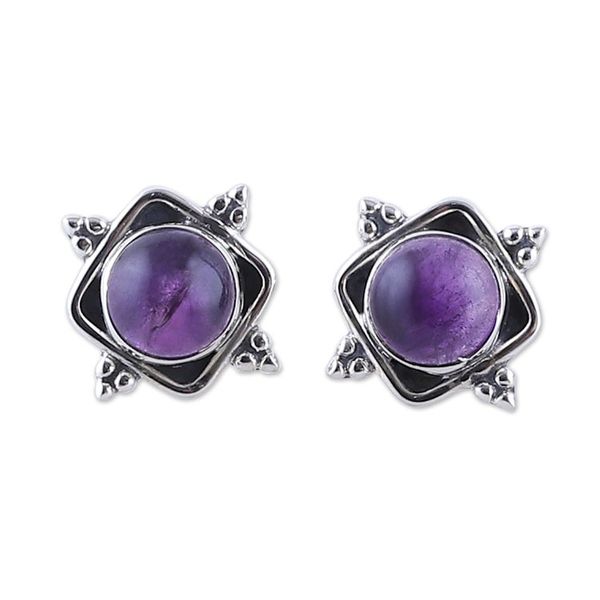Alternate image for Artisan-Made Amethyst Cabochon Button Earrings from India Sapience Marchioness