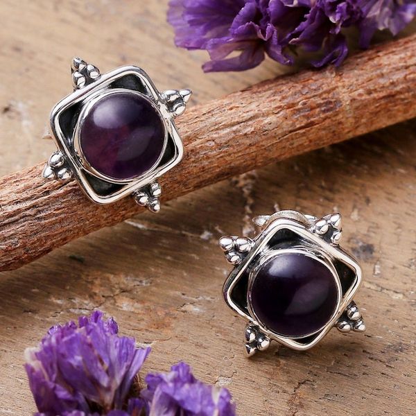 Alternate image for Artisan-Made Amethyst Cabochon Button Earrings from India Sapience Marchioness