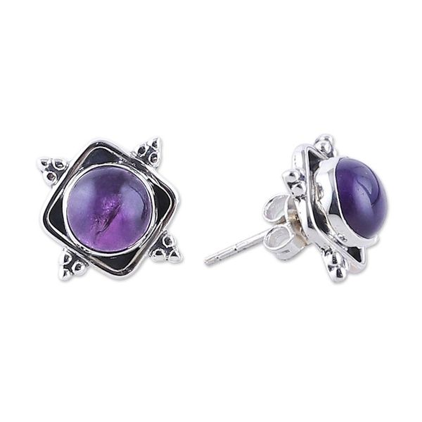 Alternate image for Artisan-Made Amethyst Cabochon Button Earrings from India Sapience Marchioness