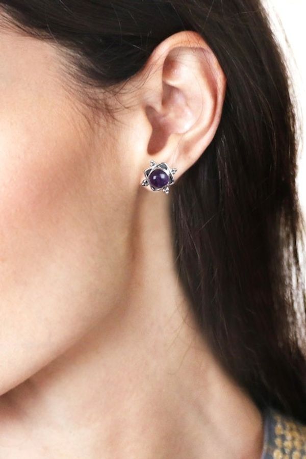 Alternate image for Artisan-Made Amethyst Cabochon Button Earrings from India Sapience Marchioness