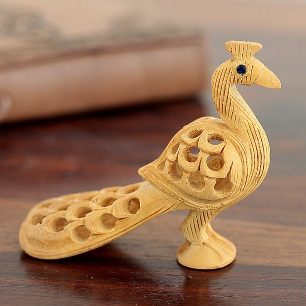 Hand Carved Natural Kadam Wood Sculpture from India 'Opulent Peacock'