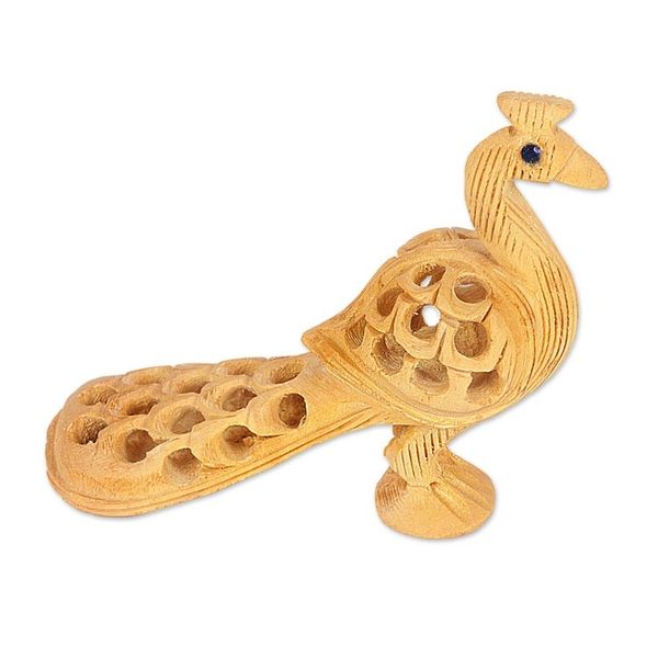 Alternate image for Hand Carved Natural Kadam Wood Sculpture from India Opulent Peacock