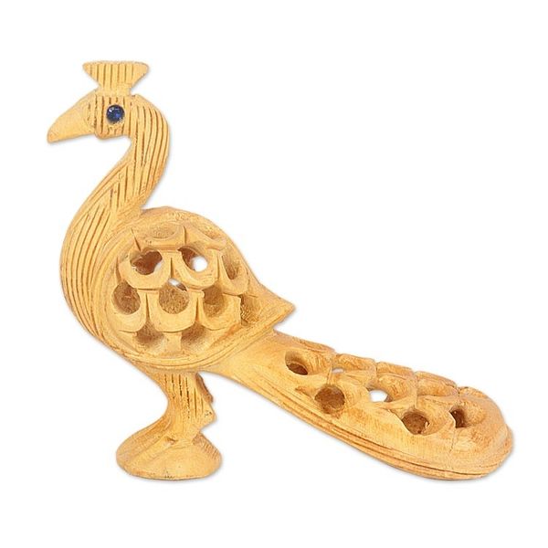 Alternate image for Hand Carved Natural Kadam Wood Sculpture from India Opulent Peacock