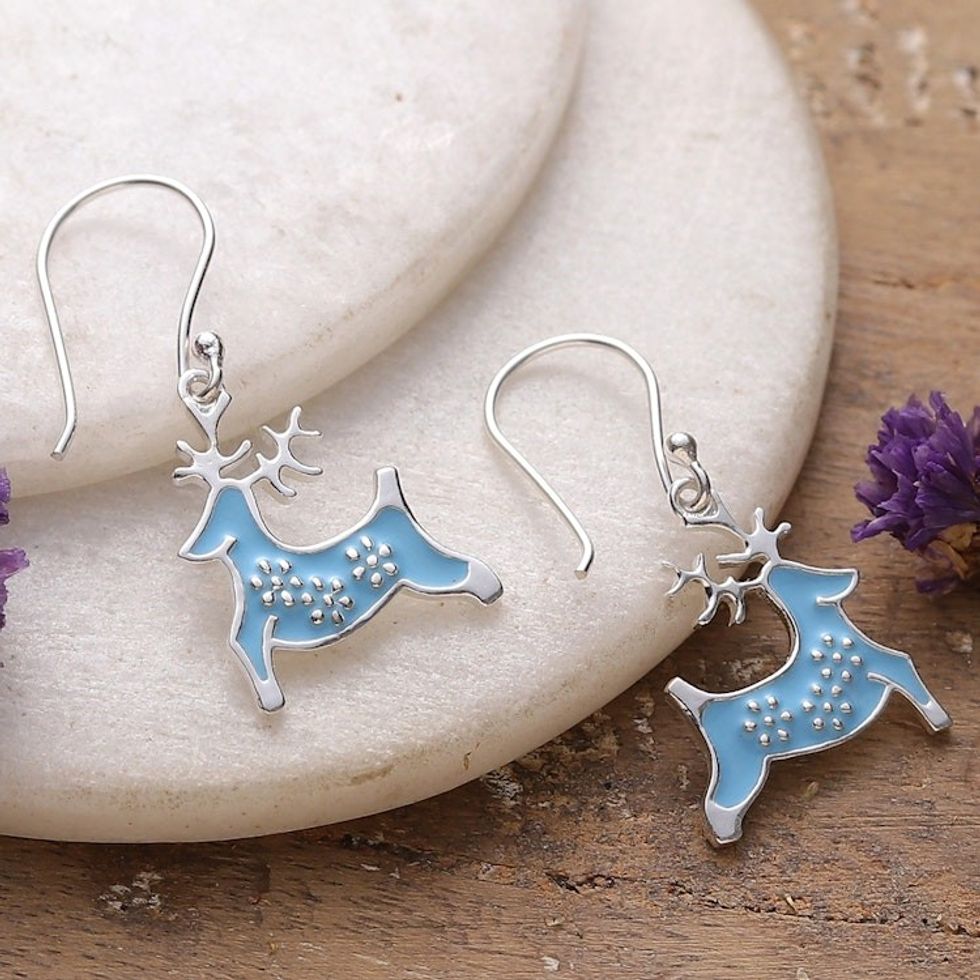 Painted Blue Enamel Sterling Silver Reindeer Dangle Earrings 'Heavenly Reindeer'