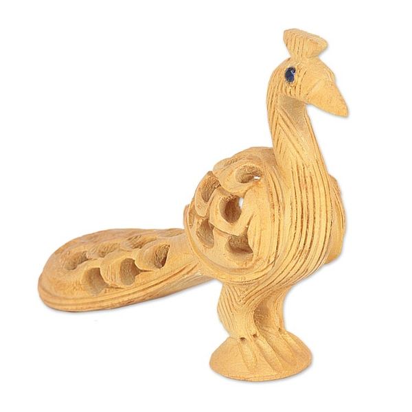 Alternate image for Hand Carved Natural Kadam Wood Sculpture from India Opulent Peacock