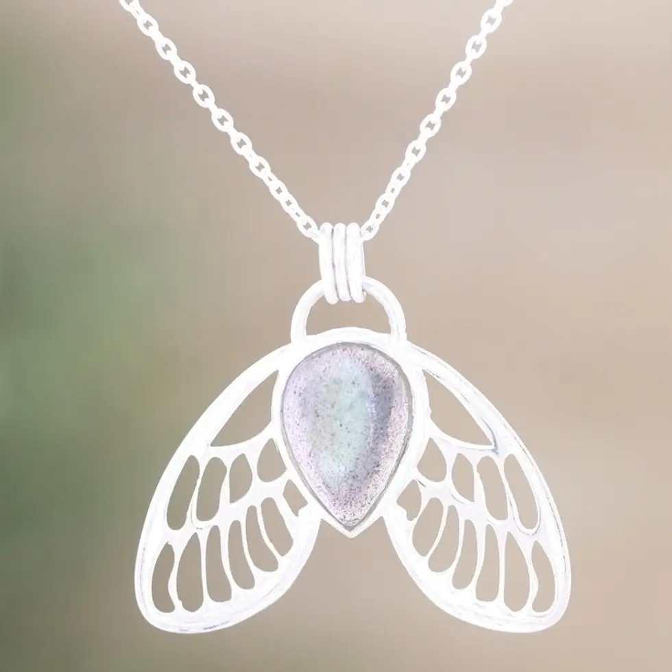 Sterling Silver Pendant Necklace with Natural Labradorite 'Protection Fairy'