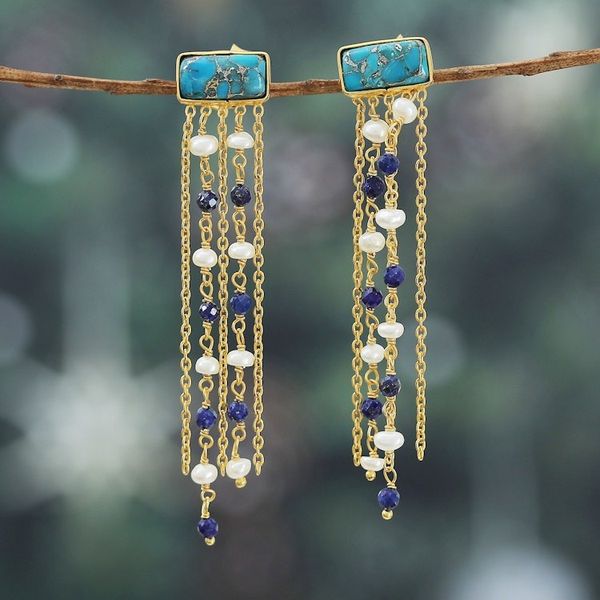 Alternate image for 18k Gold-Plated Lapis Lazuli and Pearl Waterfall Earrings Cascade Splendor