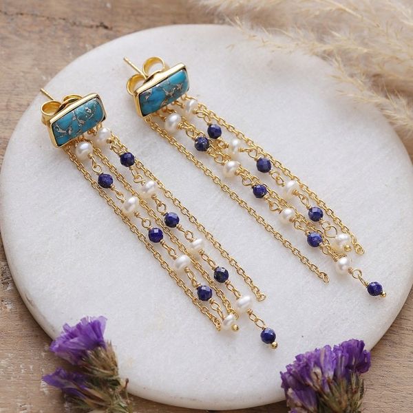 Alternate image for 18k Gold-Plated Lapis Lazuli and Pearl Waterfall Earrings Cascade Splendor