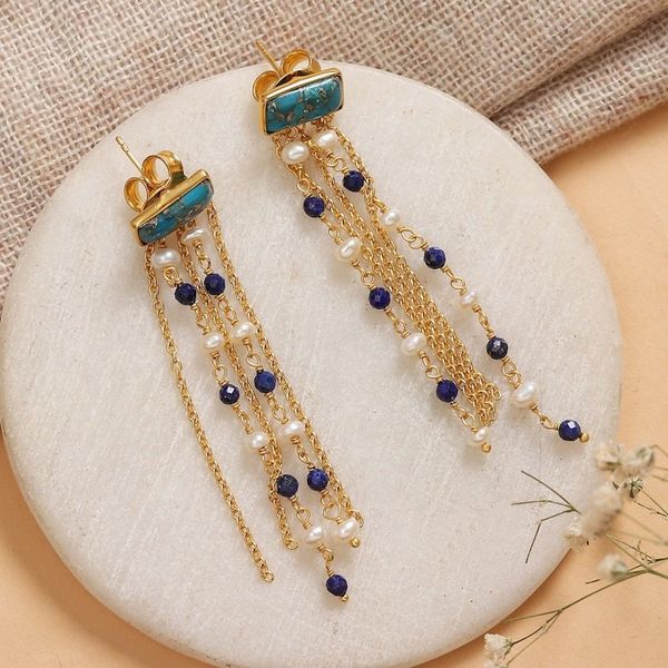 Alternate image for 18k Gold-Plated Lapis Lazuli and Pearl Waterfall Earrings Cascade Splendor