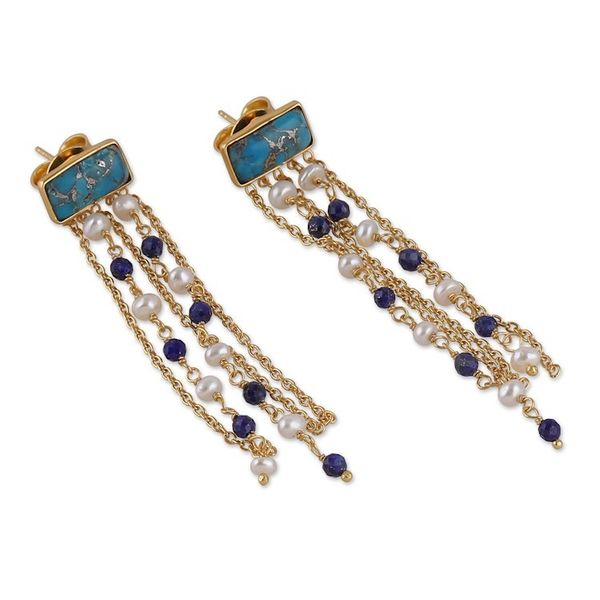 Alternate image for 18k Gold-Plated Lapis Lazuli and Pearl Waterfall Earrings Cascade Splendor